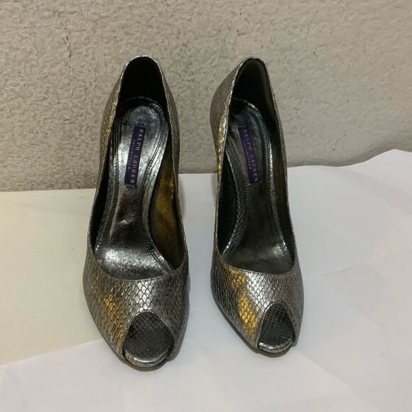 Purple Label Ralph Lauren Collection Snake Print Open Toe Leather Shoes 8.5 B - Picture 1 of 7